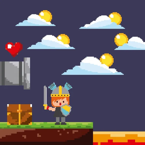 Pixel spel scen krigare mynt liv moln treasure — Stock vektor