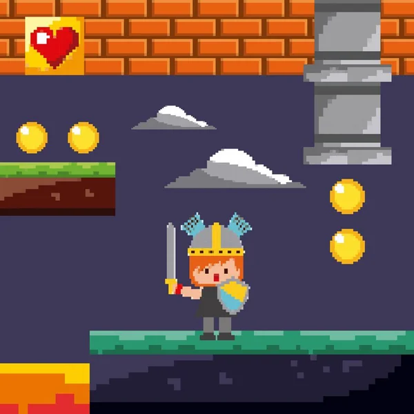 Pixel spel riddare mynt nivå Nattlandskap — Stock vektor