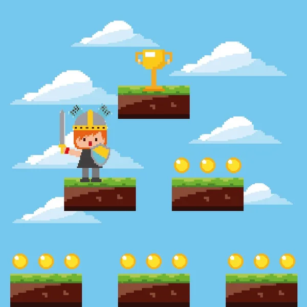 Pixel jogo cavaleiro troféu níveis céu nuvens — Vetor de Stock