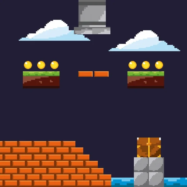 Pixel nivel de juego con las monedas de la nube pared de ladrillo — Vector de stock