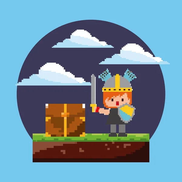 Pixel spel Arkad nivå knight karaktär med bröstet treasure — Stock vektor