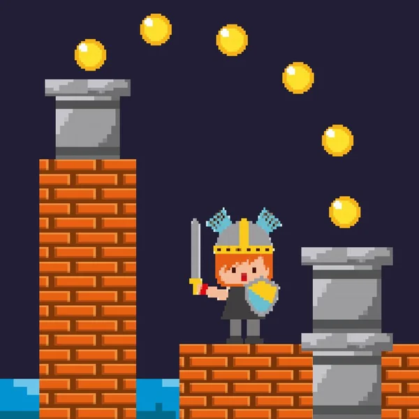 Pixel jogo cavaleiro escudo espada moedas e parede de tijolo — Vetor de Stock