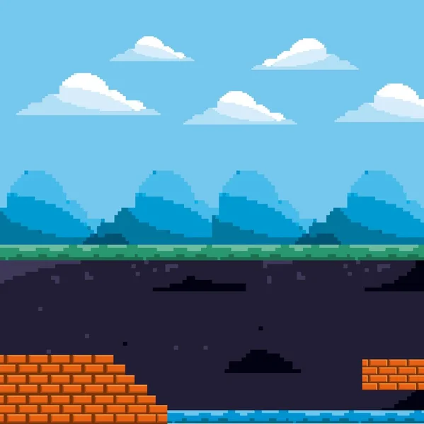 Piksel oyun sahne gün ve yeraltı seviye tuğla ve su — Stok Vektör