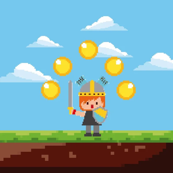 Pixel spel knight karaktär guld mynt och landskap — Stock vektor