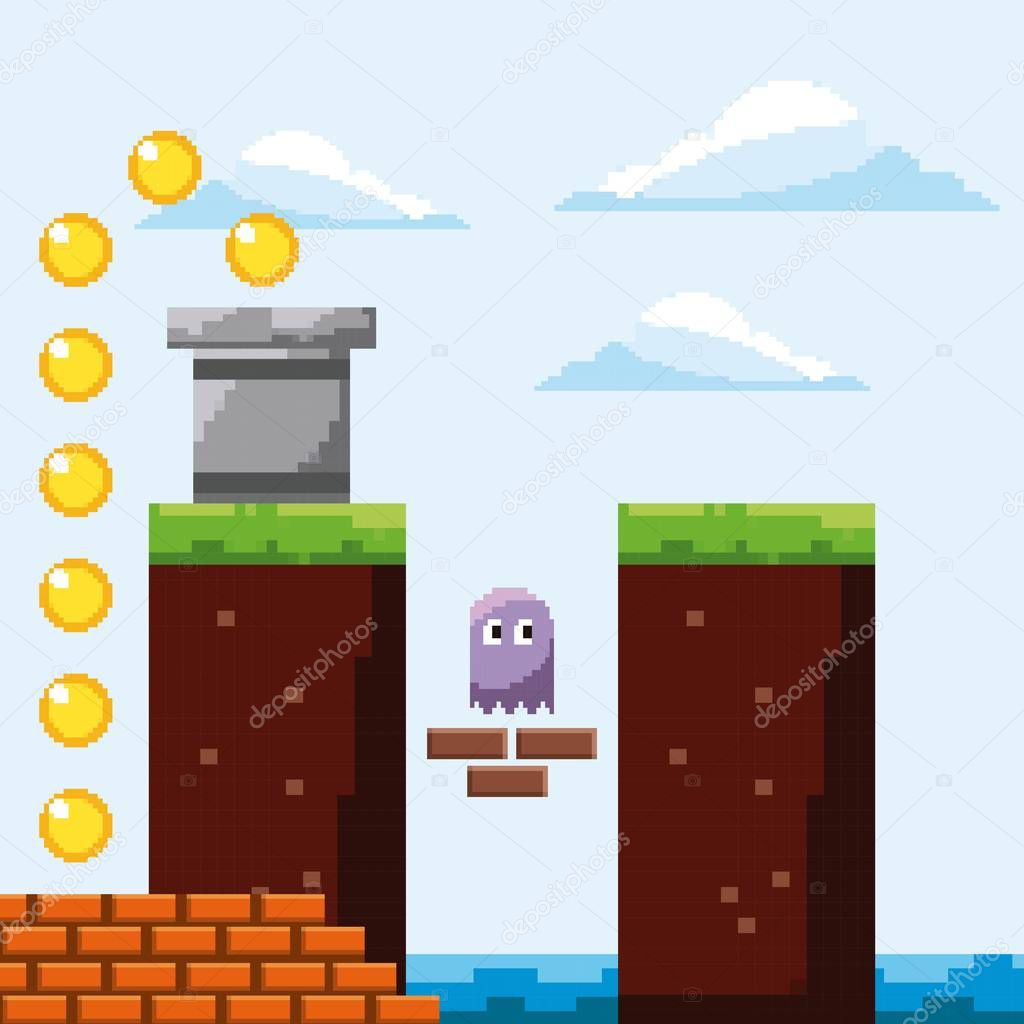 pixel game arcade scene ghost gold coins prize