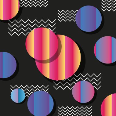 Memphis tarzı desen daireler ve zig zag siyah arka plan