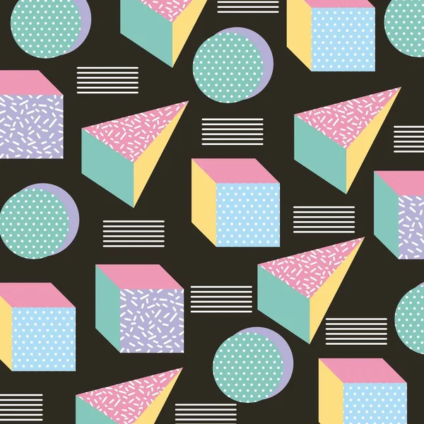 メンフィス スタイルのシームレスなパターンの幾何学的なアイコン黒背景 — ストックベクタ