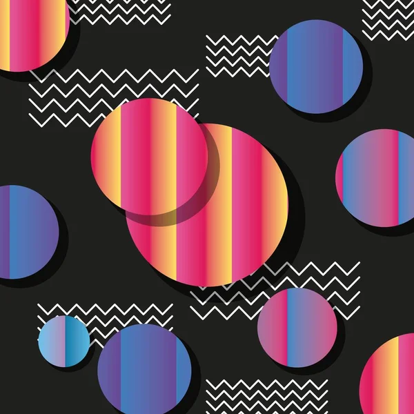 メンフィス スタイル パターン円とジグザグ ジグザグ黒背景 — ストックベクタ