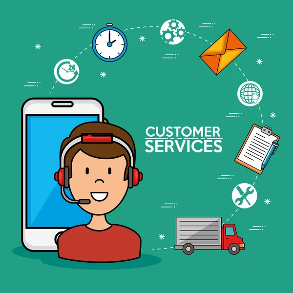 Serviço de call center de homem falando por telefone, ícones smarphone — Vetor de Stock