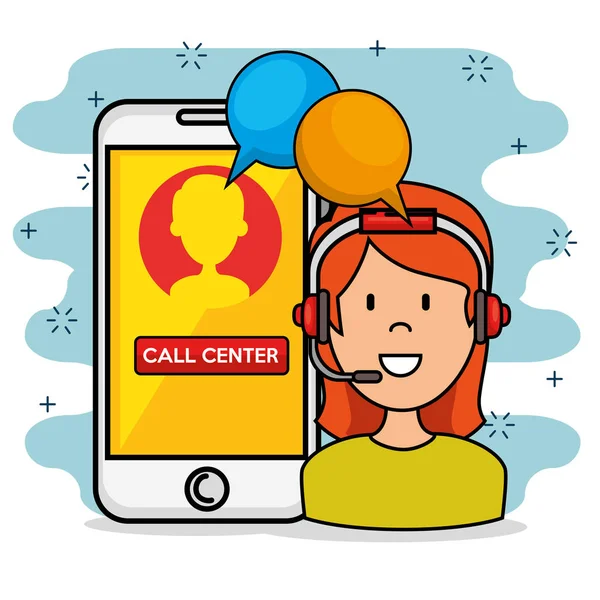 Woman with headset speaking call center support service and smarphone — Stock Vector