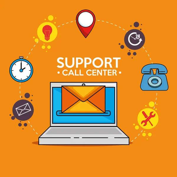 Laptop con icone, centro servizi di supporto in tutto il mondo — Vettoriale Stock