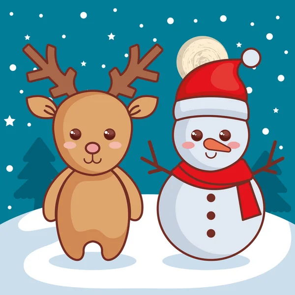 Τάρανδος με χιονάνθρωπος Χριστούγεννα χαρακτήρες εικονίδιο — Διανυσματικό Αρχείο
