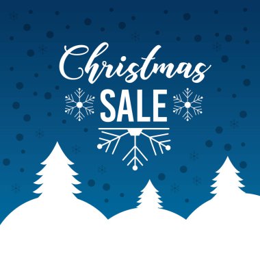 Noel satış poster kar ağaç dağ mavi arka plan yazı
