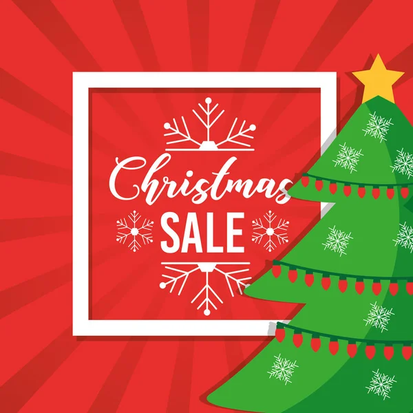 Natale vendita poster albero decorazione rosso sfondo — Vettoriale Stock