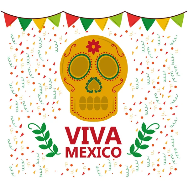 Viva mexico crâne fanion confettis laurier décoration — Image vectorielle