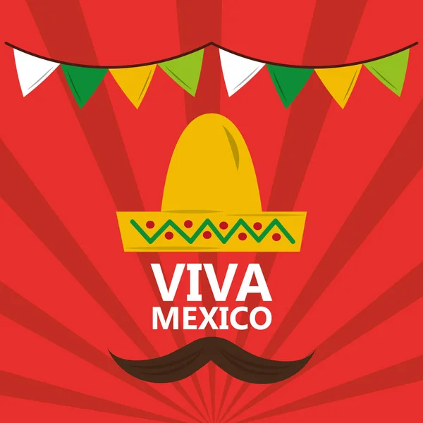 Viva cappello messicano baffi pennant sfondo rosso — Vettoriale Stock