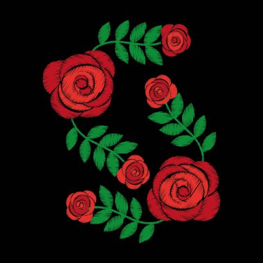 Nakış gül çiçek yaprakları desen moda siyah arka plan üzerine