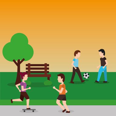 genç erkekler top futbol ve tezgah Parkı vektör çizim spor yapma çift ile oynama