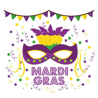 Mardi gras Karnavalı maskeler tüylü konfeti dekorasyon beyaz arka plan çelenk