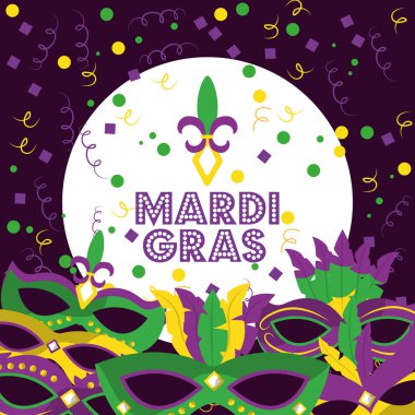 Mardi gras poster ve karnaval maske serpantin ve mor zemin üzerine konfeti ile el ilanı