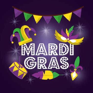 Mardi gras karnaval maskesi şapka davul ile glitter doku davet
