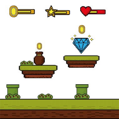 level video game bag money and diamond coins clipart