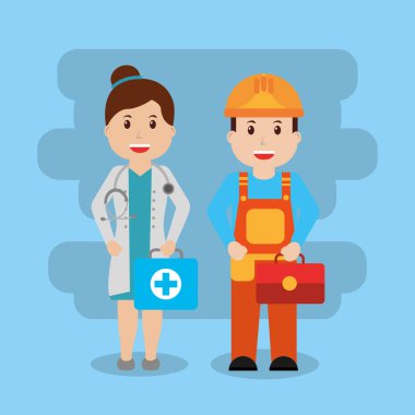 iki işçi kadın doktor seti yumruk yardım ve foreman inşaat toolbox ile