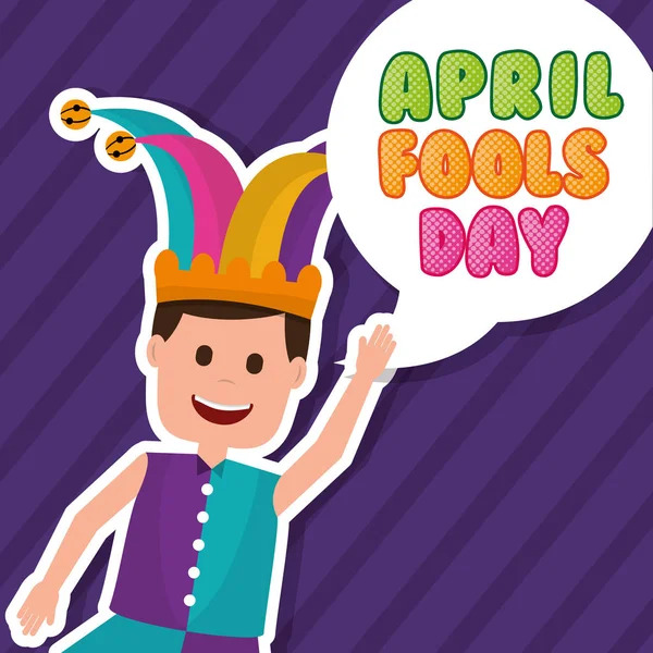 Mutlu bir adam joker giysi ve kabarcık Nisan aptallar gün — Stok Vektör