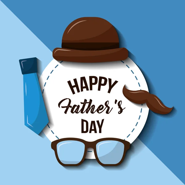 Gelukkig vaders dag hoed bril snor en stropdas retro stijl — Stockvector