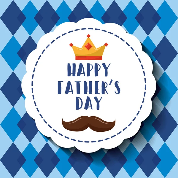 Feliz padre día corona bigote insignia y rombo fondo retro — Vector de stock