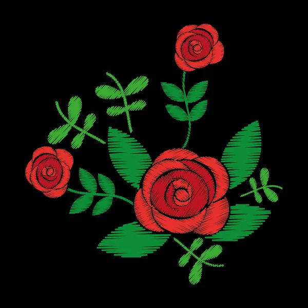 Вышивка розы цветочные листья узор моды на черном фоне — стоковый вектор