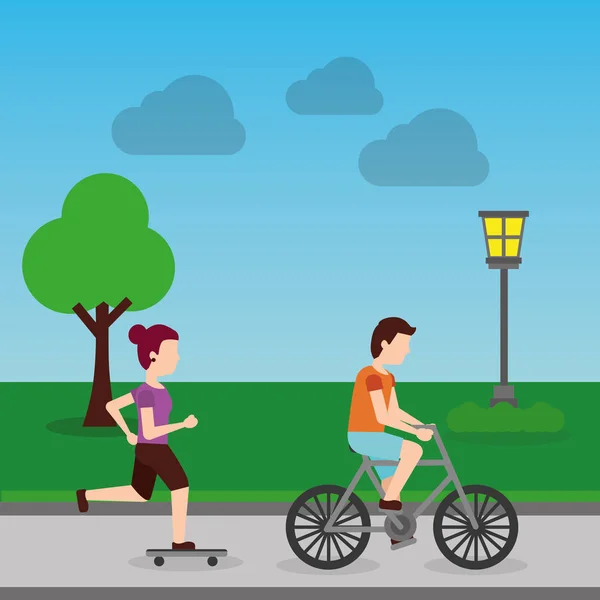Mulher no skate e homem andar de bicicleta no parque com lâmpada árvore paisagem — Vetor de Stock