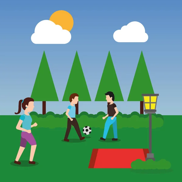 Menschen im Park haben Spaß beim Spielen und Sport mit Balllandschaft — Stockvektor
