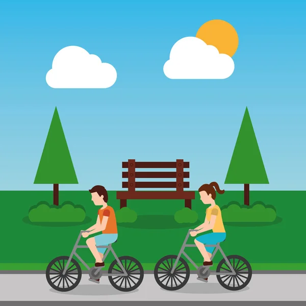 Couple riding bicycle in park with bench tree sky day — Stock Vector