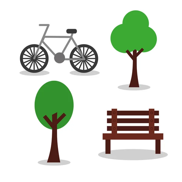 Kerékpár- és pad fa park elemek kép — Stock Vector
