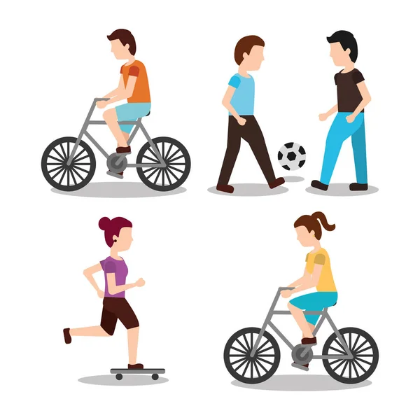 Set personas diversas actividades rider bicicleta jugando pelota y skater escena — Vector de stock