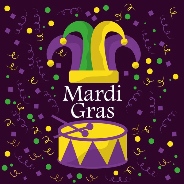 Mardi gras bobo gorro tambor musical confetti celebração —  Vetores de Stock