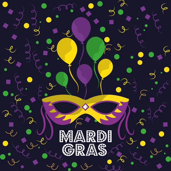 Máscara de carnaval mardi gras con plumas globos y confeti — Archivo Imágenes Vectoriales