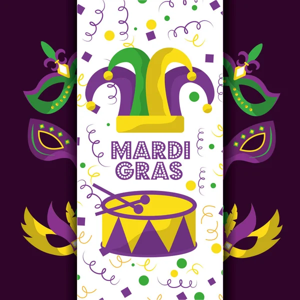 Mardi gras bouffon chapeau carte accueil tambour masques décoration — Image vectorielle