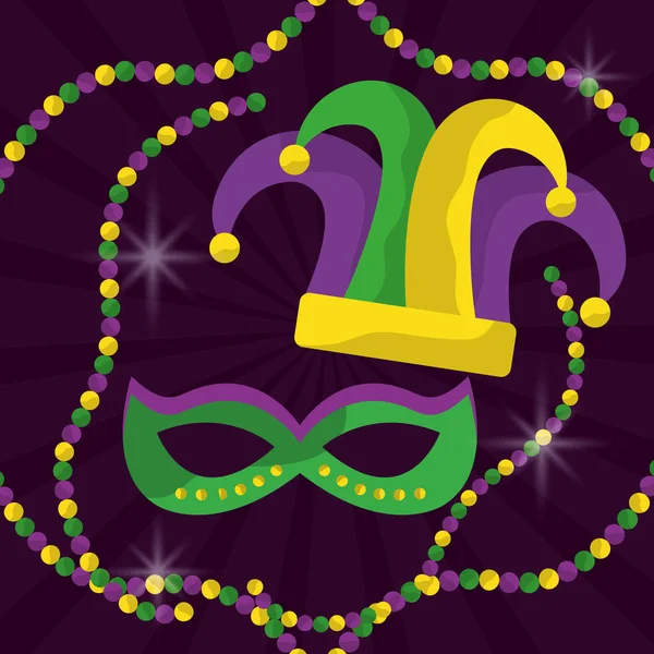 Mardi Gras Maske mit Federn und Narrenmütze Perlen glitzern — Stockvektor