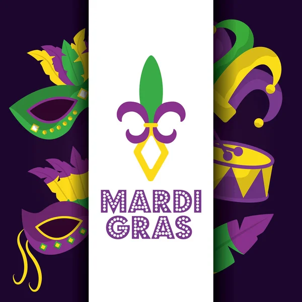 Mardi gras karta kropka napis flor de lis maska bębna kapelusz ikony — Wektor stockowy