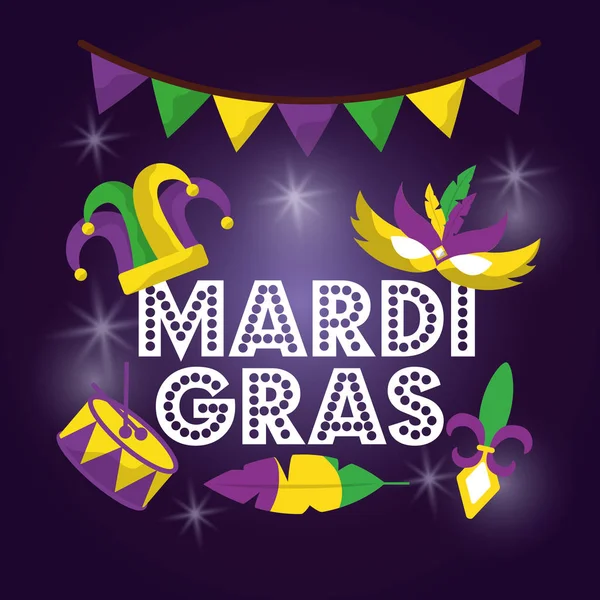 Mardi gras carnaval máscara chapéu tambor com brilho textura convite —  Vetores de Stock