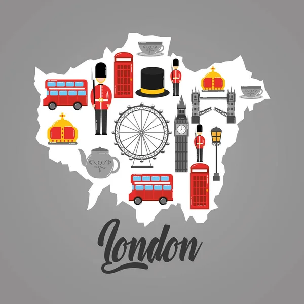 Londen kaart met uk landmark symbool binnen — Stockvector