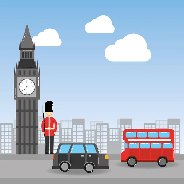 London big ben soldado decker ônibus e táxi paisagem urbana —  Vetores de Stock