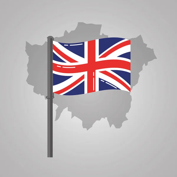 Londen kaart en Groot-Brittannië vlag op een zilveren metalen paal — Stockvector