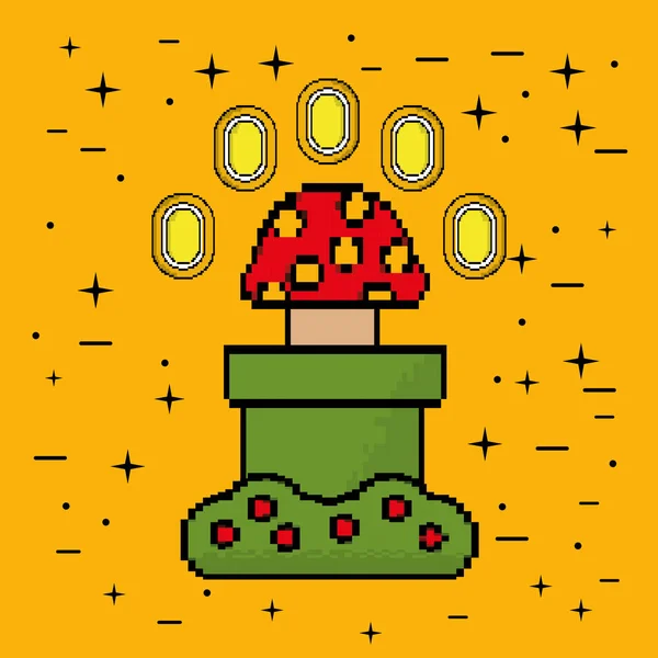 电子游戏硬币蘑菇灌木平台 — 图库矢量图片