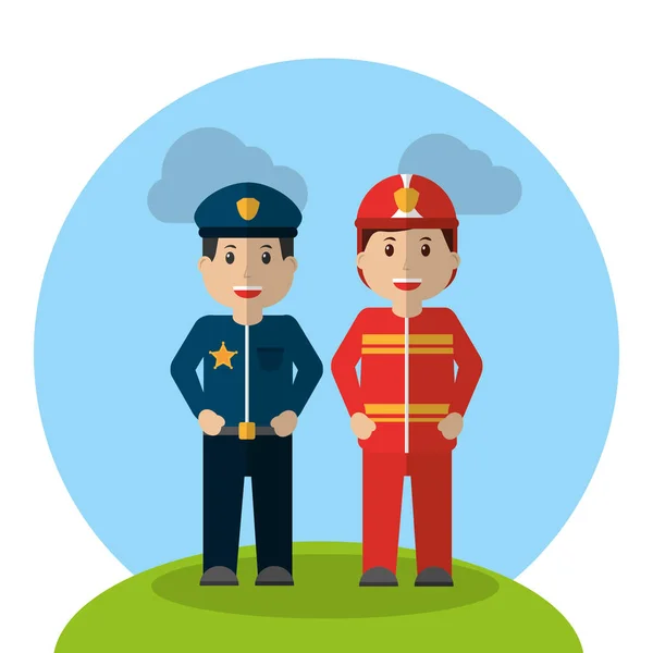 Workers profession policeman and fireman standing cartoon — Stock Vector