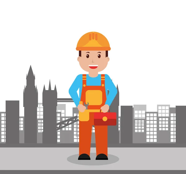 Εργαζόμενος κατασκευή άνθρωπος που κρατά την πόλη παρασκηνίου της εργαλειοθήκης — Διανυσματικό Αρχείο