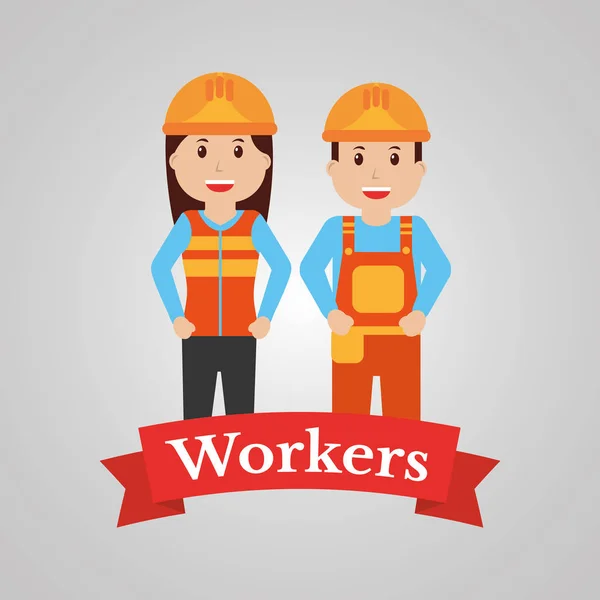 Pareja de trabajadores de la construcción personajes ropa de trabajo monos de pie — Vector de stock