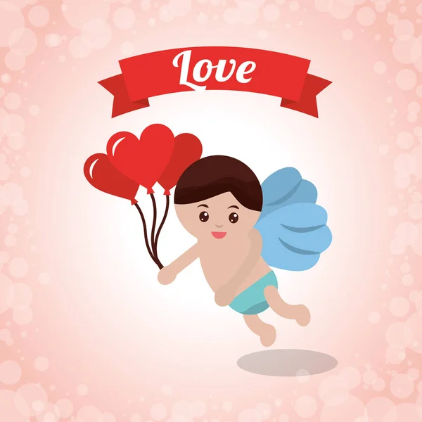 Love cupid holding balloons heart fly banner — Stock Vector